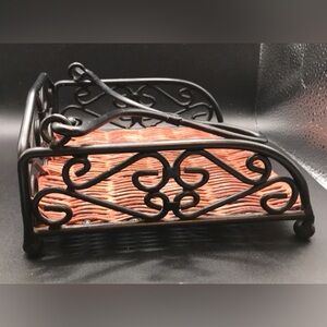 Black metal and wicker napkin holder. Heavy